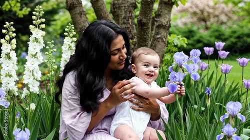 Mother and Baby Enjoying a Beautiful Garden Surrounded by Flowers, Gentle Interaction