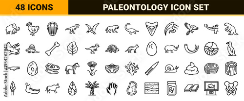 Extinct Species and Paleontology Geometric Monoline Icon Set featuring Minimalist Prehistoric Animals, Fossils, and Ancient Biological Symbols.