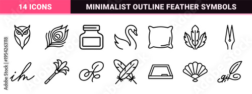Ultra-Minimalist Monoline Feather Symbols and Quill Pen Outline Icons for Organic Branding and Elegant Stationery Design