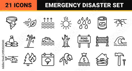 Natural Disaster and Emergency Weather Conditions Ultra-Minimalist Monoline Icon Set featuring Flood, Storm, and Safety Symbols for Risk Mapping.