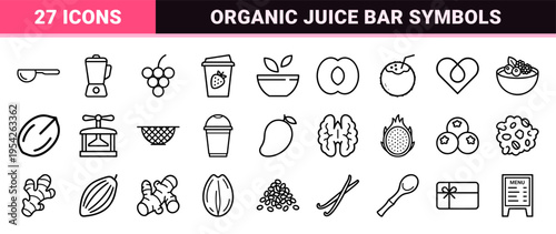 Ultra-Minimalist Monoline Geometric Healthy Food Symbols Featuring Smoothie Bowls, Fresh Fruit, and Organic Juice Bar Graphics for Branding