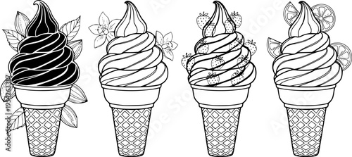 set of chocolate, Vanilla, strawberry and lemon Soft Serve Cone
