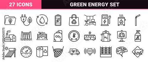 Sustainable Green Energy and Environmental Conservation Ultra-Minimalist Monoline Icon Set for Corporate ESG Reporting and Eco-Living Apps