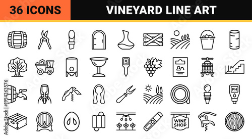 Enology and Viticulture Line Art Set featuring Minimalist Wine Production Icons for Branding and Digital Interface Design Applications