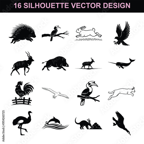 Vector silhouette collection of various wild animals and birds design