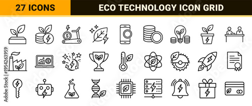 Green Energy Economy and Sustainable Finance Icon Set Ultra-minimalist Monoline Geometric Line Art for Renewable Technology and Carbon Credits