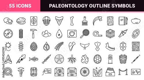 Paleontology and Archeology Discovery Symbols featuring Ultra-Minimalist Monoline Fossils and Excavation Tools in a Clean Geometric Line Art Style.