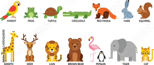 Cartoon animal collection illustration with parrot frog turtle crocodile red panda hare squirrel giraffe deer lion bear flamingo penguin tiger cat flat vector