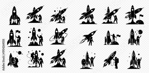 Set of rocket launch and astronaut icons, space exploration symbols, and futuristic technology concepts.