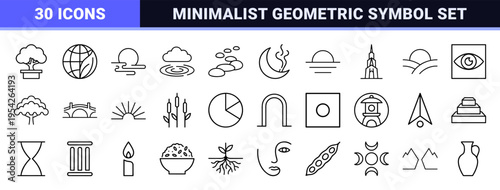 Ultra-Minimalist Monoline Zen Nature Symbols and Geometric Architectural Line Art Icons for Modern Branding and Sustainable Design Projects