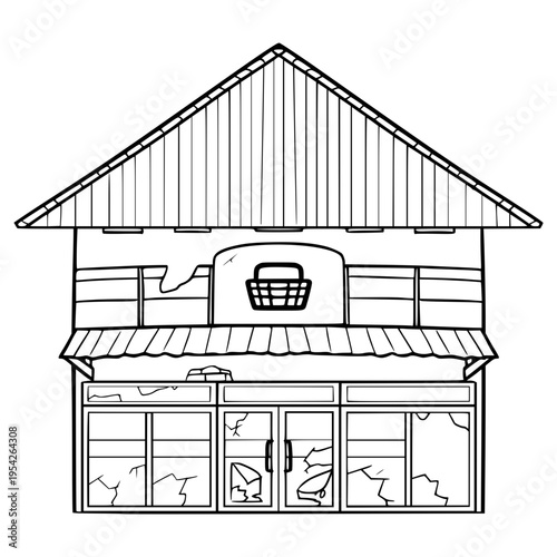 ruined grocery store building illustration hand drawn outline vector