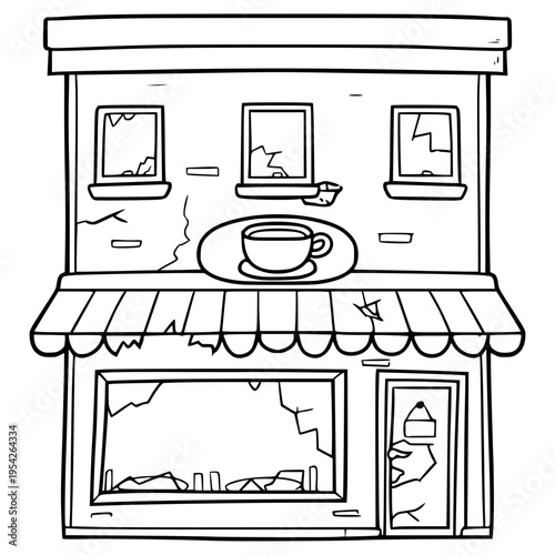ruined cafe building illustration hand drawn outline vector