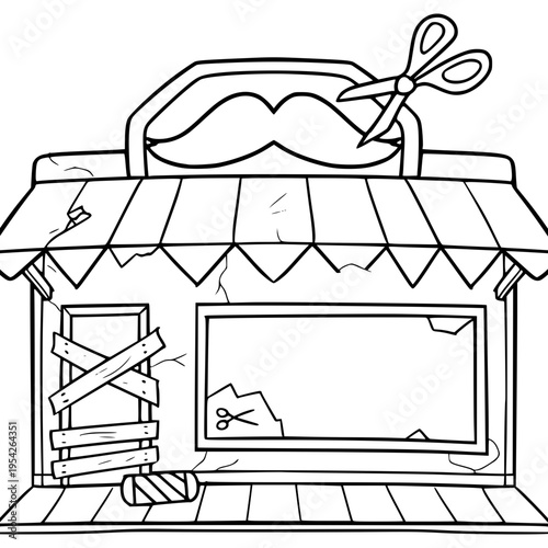 ruined barbershop building illustration hand drawn outline vector
