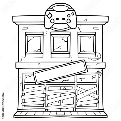 ruined internet cafe or gaming cafe building illustration hand drawn outline vector