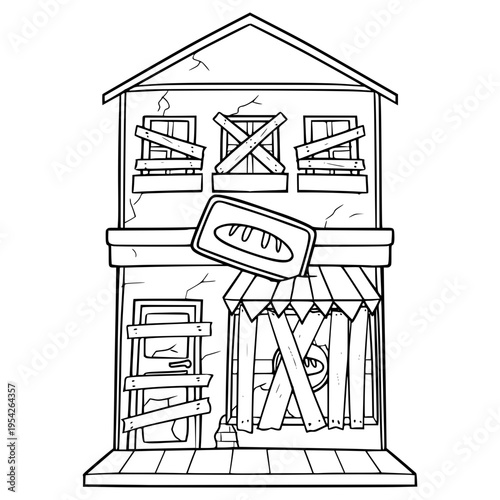 ruined bakery building illustration hand drawn outline vector