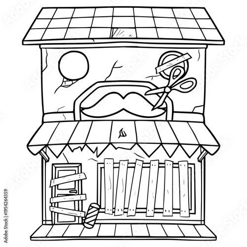 ruined barbershop building illustration hand drawn outline vector
