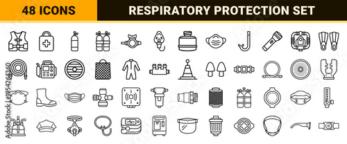 Respiratory Safety and Diving Equipment Ultra-Minimalist Monoline Icon Set Featuring Scuba Gear and Industrial Gas Masks in Geometric Line Art.