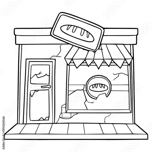 ruined bakery building illustration hand drawn outline vector