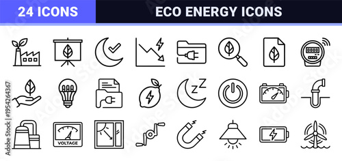 Sustainable Green Tech and Environmental Analytics Ultra-Minimalist Monoline Icon Set for Corporate ESG Reporting and Renewable Energy Branding