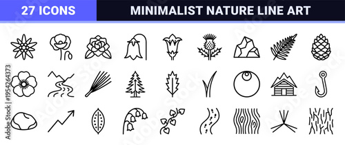 Alpine Flora and Mountain Botanical Outline Icon Set Featuring Ultra Minimalist Monoline Geometric Alpine Flowers and Nature Symbols