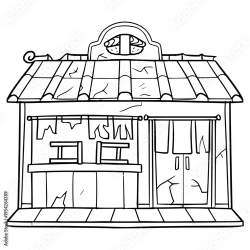 abandoned sushi restaurant building illustration hand drawn outline vector