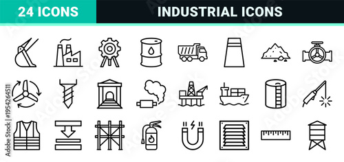 Ultra-minimalist Monoline Industrial Factory and Energy Production Icon Set featuring Geometric Line Art for Manufacturing Infrastructure
