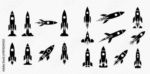 Set of black rocket icons, including launching, flying, and standing rockets, representing space travel and innovation.