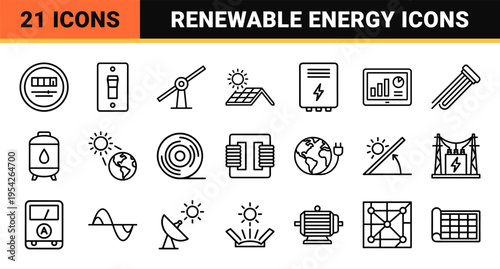 Solar Energy and Renewable Power Infrastructure Icon Set featuring Ultra-Minimalist Geometric Line Art for Sustainable Technology Applications