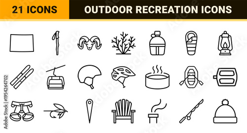 Colorado Mountain Tourism and Outdoor Recreation Icon Set featuring Ultra-Minimalist Geometric Line Art for Alpine Sports and Wilderness Travel.