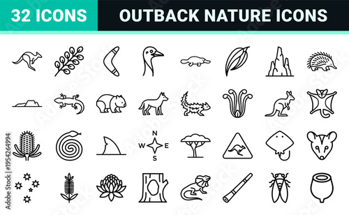 Australian Outback Wildlife and Nature Ultra-Minimalist Monoline Geometric Line Art Symbols for Professional Environmental Design Projects