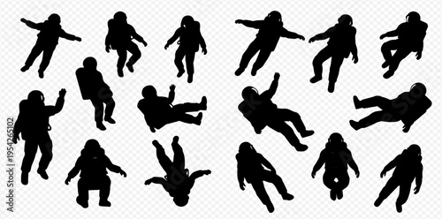 Set of black silhouettes of people falling, floating, and in various poses, isolated on a transparent background.