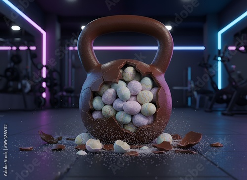 Sports nutrition Modern kettlebell and Easter eggs in a tech-oriented gym background, Protein supplement creative fitness holiday concept, workout humor, Easter festivity