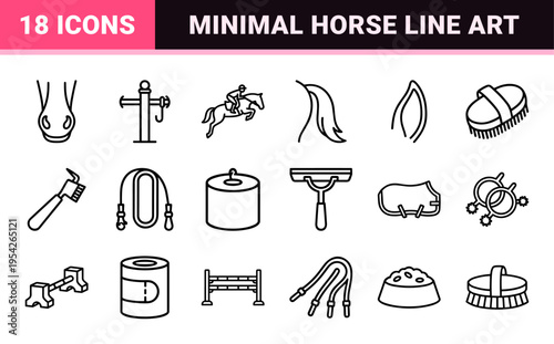 Nordic Winter Equestrian Life Ultra-Minimalist Geometric Outline Icon Set Featuring Horses Snowflakes and Stable Equipment Line Art Symbols