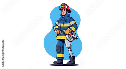 A cartoon illustration of a fireman with a prosthetic leg holding a fire hose