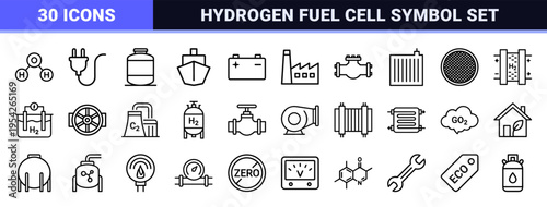 Hydrogen Energy and Green Technology Ultra-Minimalist Monoline Icons Featuring Geometric Line Art for Sustainable Power Industry Solutions.