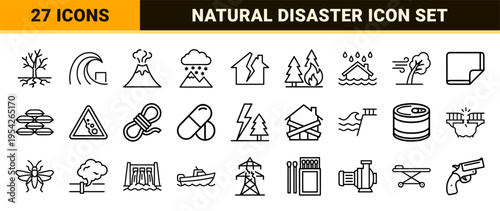 Natural Disaster and Environmental Emergency Hazard Icons Featuring Ultra-Minimalist Monoline Geometric Line Art for Crisis Management Systems