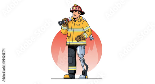 A brave firefighter with a prosthetic leg stands heroically in a vibrant yellow uniform, ready to save the day.
