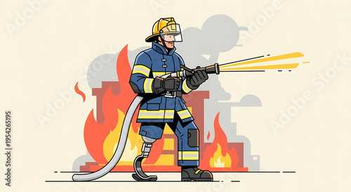 A brave firefighter with a prosthetic leg fights a burning building with a powerful hose