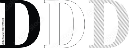 Three 'D' Letters in Vector Style: Solid Outline and Hatch Fill for Design Concepts