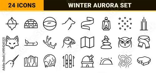 Arctic Adventure and Northern Lights Ultra-Minimalist Monoline Geometric Line Art Icons for Winter Tourism and Celestial Observation Designs
