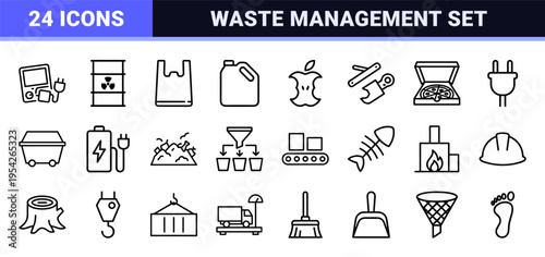 Ultra-minimalist Monoline Recycling and Waste Management Icon Set with Geometric Line Art Symbols for Sustainable Urban Infrastructure Utility