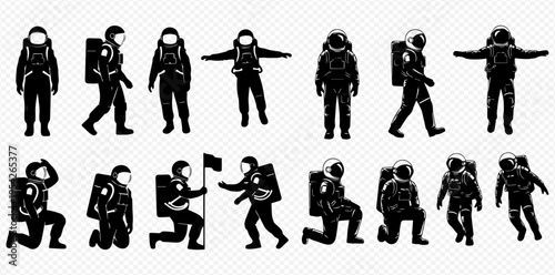 Astronaut silhouettes in various poses, space exploration concept, black and white vector illustration.