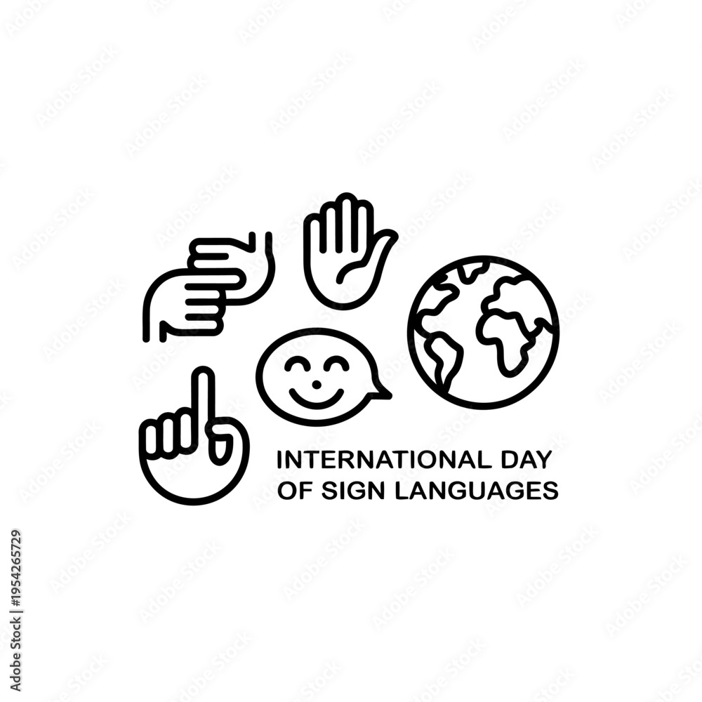 Obraz premium Global international day of sign languages line icons with earth and hand signs