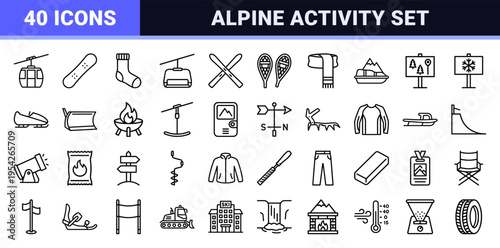 Winter Sports and Alpine Recreation Ultra-Minimalist Monoline Outline Icons featuring Skiing Snowboarding and Ice Hockey Equipment Symbols
