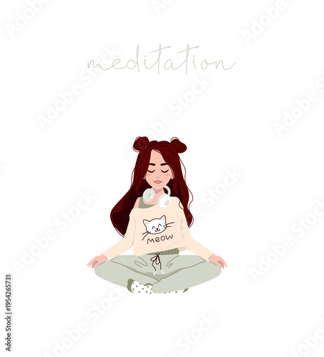 Cute teenager girl meditating in lotus pose. Flat vector illustration with pastel colors. Represents mindfulness, calm, and yoga. Isolated on white background. Great for wellness apps and posters