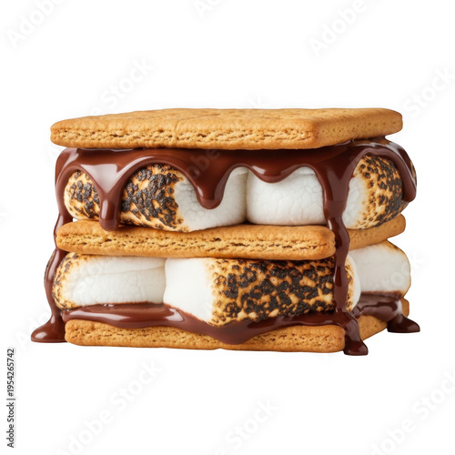 A stack of smores with chocolate and marshmallows isolated on transparent background