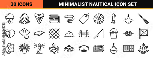 Marine Life and Nautical Elements Ultra-Minimalist Monoline Geometric Outline Icon Set Featuring Ocean Creatures and Maritime Equipment Symbols