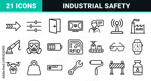 Industrial Virtual Reality Training and Safety Compliance Icons featuring Ultra-Minimalist Monoline Geometric Line Art for Digital Simulations