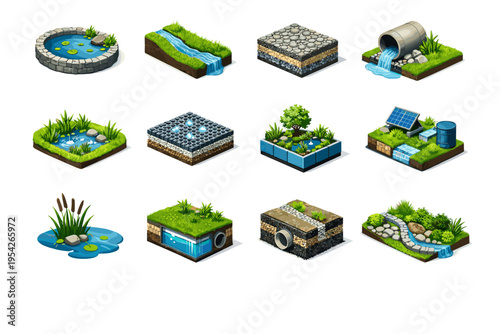 Block generation infrastructure runoff icon module system vector wetland simple channel image