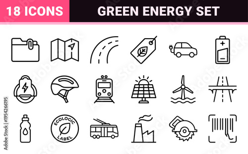 Sustainable Urban Mobility and Green Energy Ultra-minimalist Monoline Icon Set featuring Geometric Line Art for Eco-friendly Transport and Technology